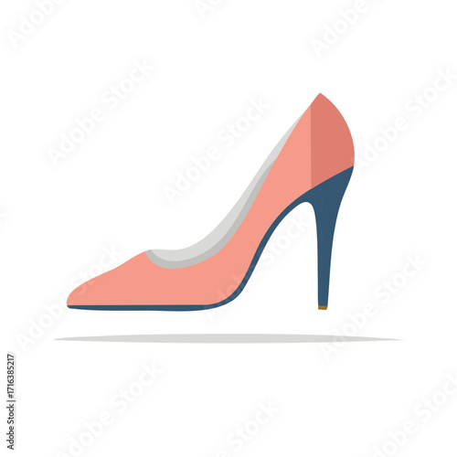 Elegant Salmon-Colored High Heel Shoe With A Dark Blue Arch Support, A Fashionable Footwear Item