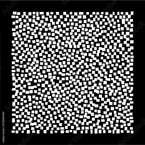 White squares scattered randomly on a black background creating a dense and abstract visual pattern design