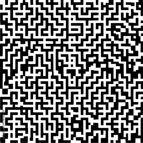 An intricate maze pattern with black and white squares creating a complex labyrinthine design that fills the frame