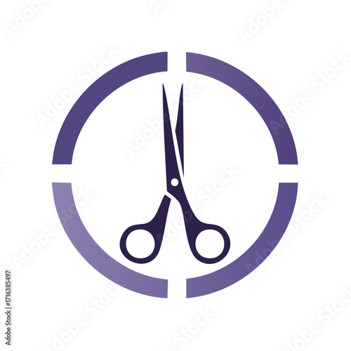 Stylized scissors centered in a broken circle create a modern barber shop logo design or hairdressing salon sign