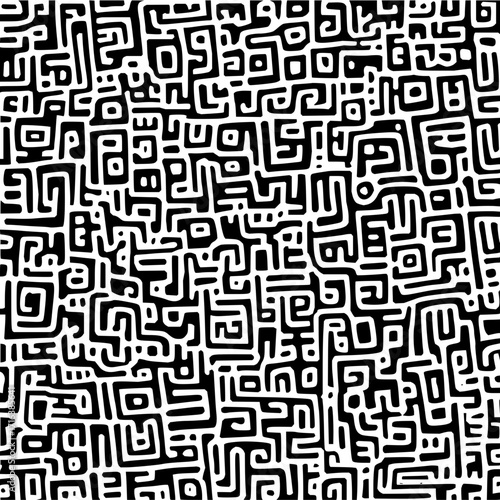 Complex abstract pattern featuring interconnected black shapes on a white background creating an intricate maze like design