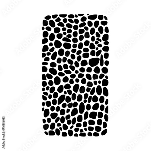 Black organic shapes densely packed inside a rounded rectangle on a white background creating a pattern