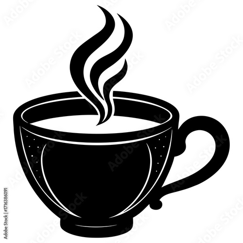 Black silhouette of a steaming coffee cup white hot drink
