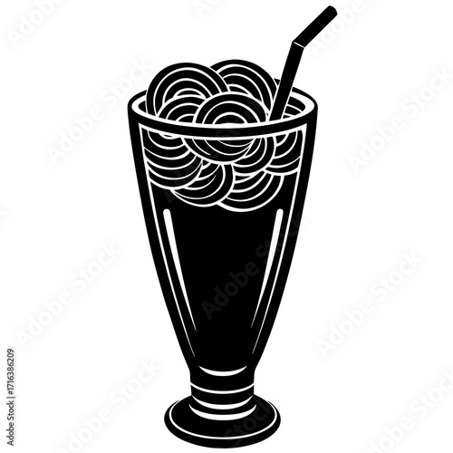Black silhouette of a tall glass filled with swirled ice cream and a straw