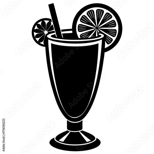 Black silhouette of a tall glass with drink and citrus slices