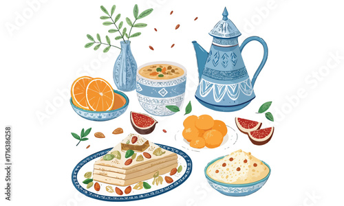Traditional Moroccan Food Illustrations Tea, Sweets, Oranges, and Couscous Clipart