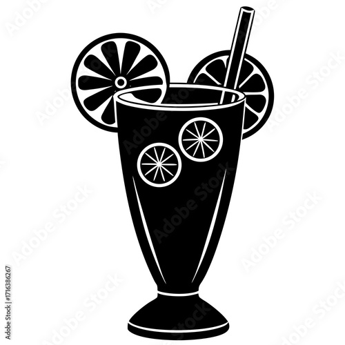 Black silhouette of a tall glass with orange slices and straw