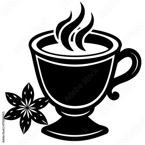 Black silhouette of steaming cup of coffee with star anise