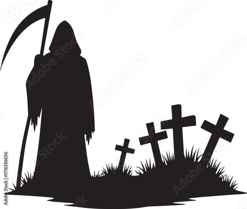Grim Reaper silhouette with scythe and graveyard crosses