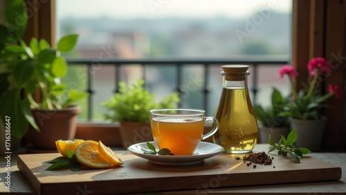 Wallpaper Mural Refreshing herbal tea with citrus and natural ingredients displayed on a rustic wooden table at sunrise Torontodigital.ca