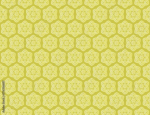 AA seamless Moroccan-style geometric pattern of floral motifs in a repeating tile design, consists of gradient soft green and white line art arranged in symmetrical shapes on olive-green background.