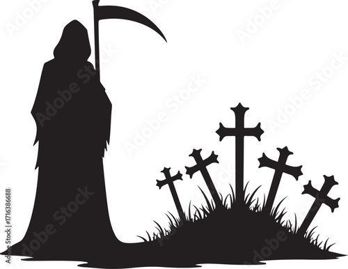 Grim Reaper silhouette with scythe and graveyard crosses