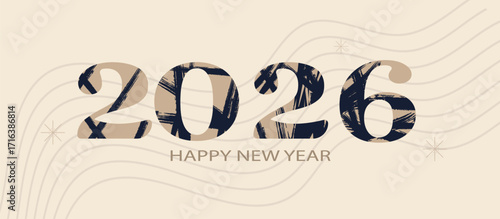 Festive banner Merry Christmas and Happy New Year Year numbers with ink strokes. Illustrations for greeting cards, website banners, and social media. Vector illustration.