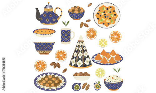 Traditional Moroccan Food Illustrations Tea, Sweets, Oranges, and Couscous Clipart