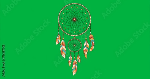 Dreamcatcher floating on transparent background showing webs, beads, striped feathers for education