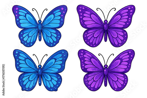Butterfly vector cartoon set. Blue and purple butterflies isolated on white. Beautiful insect collection with intricate wing patterns. Spring summer nature design elements.