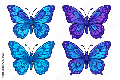 Blue and purple butterfly set with intricate patterns. Vector cartoon illustration. Beautiful elegant monarch collection. Isolated fantasy insect design element for decoration.
