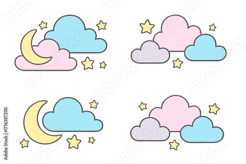 Cute night sky vector icon set with moon, stars, clouds. Pastel color weather element collection. Baby nursery decoration, good night concept. Cartoon illustration isolated.