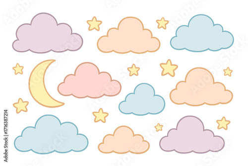 Cute cartoon cloud set with moon and stars. Vector illustration in pastel colors for baby shower, nursery decor, and kids. Goodnight sweet dreams sky elements collection.