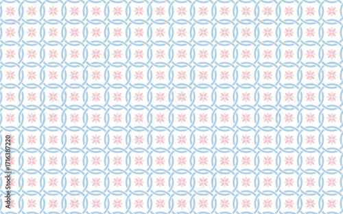 A seamless geometric pattern of interlocking circular shapes in soft blue with a delicate pink floral motif at the center of each tile, on a white background, creating a fresh and airy feel.