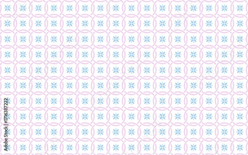 A seamless geometric pattern of interlocking circular shapes in soft pink with a delicate blue floral motif at the center of each tile, on a white background, creating a fresh and airy feel.