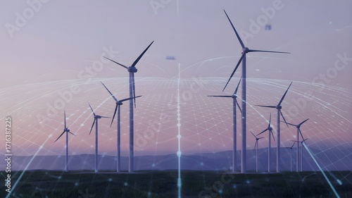 wind turbine farm with futuristic glowing digital grid, renewable clean energy innovation, modern eco power technology concept for sustainable environment and future energy
