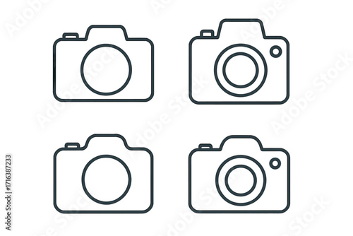 Photo camera line icon collection. Editable stroke vector pictogram set. Simple minimalist outline symbol for photography logo, web, app, ui, and ux graphic design.