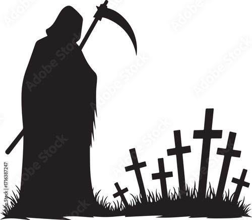 Grim Reaper silhouette with scythe and graveyard crosses