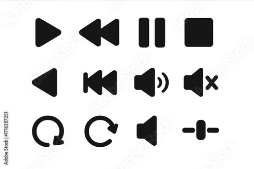 Media player control icon set. Vector collection of black buttons for audio and video playback. UI elements for web and app design. Play, pause, stop, volume symbols.