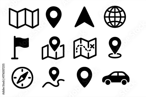 Map location icons set. GPS navigation symbols. Vector pin pointer, destination, route & travel signs. Geolocation direction graphic elements. Compass, car, globe design.