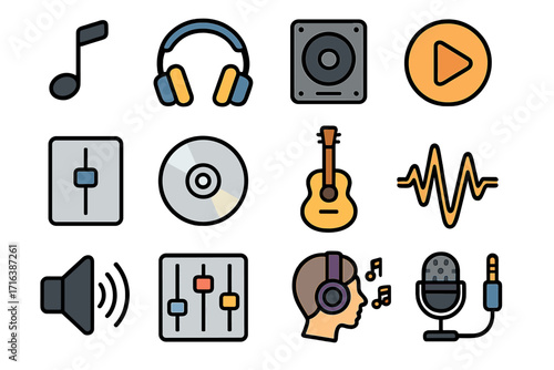 Music and audio line icon set. Vector symbols for sound recording, studio, podcast, and player. Entertainment concepts like guitar, headphones, microphone, and mixer.