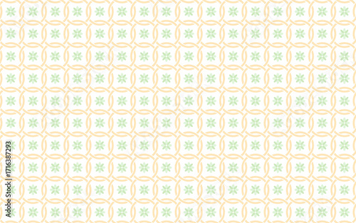 A seamless geometric pattern of interlocking circular shapes in soft orange with a delicate green floral motif at the center of each tile, on a white background, creating a fresh and airy feel.