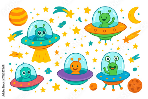 Cute alien in UFO cartoon icon set. Funny monster character in spaceship exploring galaxy. Kawaii space invader, planet, star, comet collection for kids. Vector illustration.