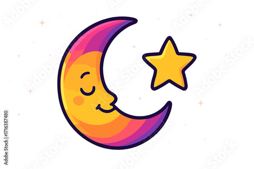 Cute sleeping crescent moon and star vector. Colorful cartoon character for kids. Bedtime story, good night, sweet dreams, lullaby concept. Celestial icon for baby nursery.