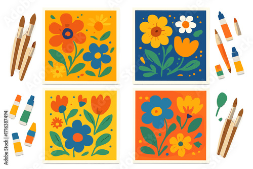 Set of four colorful floral paintings in a modern, naive art style. Creative composition with paint brushes and tubes. Concept for art class, workshop, hobby, or DIY craft project.