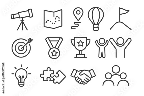 Business success and achievement line icon set. Icons for goal, strategy, teamwork, and victory. Includes target, trophy, handshake, and lightbulb for innovation.