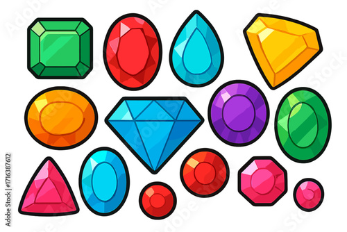 Set of colorful cartoon gems and jewels. Vector illustration of shiny precious stones and diamonds. Isolated crystal icons for video games, treasure, apps, and graphic design.