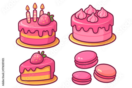 Cute cartoon pink cake and macaron set for birthday celebrations. Vector dessert food illustration. Strawberry cake slice, pastry sweets, and bakery icons for party design.