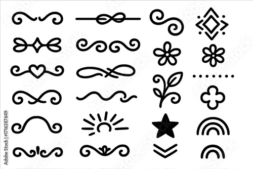 Hand drawn doodle decorative elements set. Collection of calligraphic dividers, swirls, flourishes, and borders. Simple icons like heart, star, flower, sun, and rainbow.