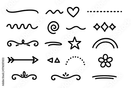 Hand drawn doodle line border divider and shape set. Vector scribble underline, heart, star, arrow, flower. Cute cartoon sketch collection for design element. Simple black ink illustration.