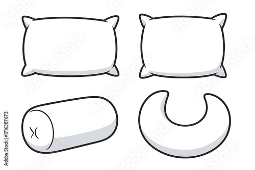 Vector pillow and cushion set with various shapes and sizes. Includes standard, bolster, and travel neck pillow. Cartoon icons for sleep, comfort, bedding, and home decor.