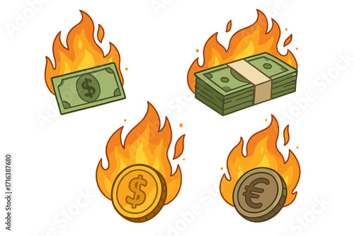 Burning money vector cartoon set. Cash, dollar bill, money stack, and euro coin icons on fire. Metaphor for inflation, financial crisis, bankruptcy, economic loss, debt, and waste.