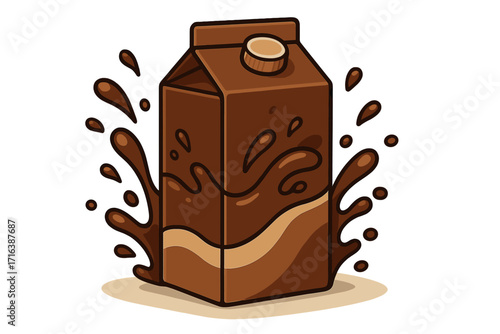 Chocolate milk drink in carton box with liquid splashes. Vector cartoon illustration for beverage packaging design. Fresh delicious cacao shake concept. Isolated icon.