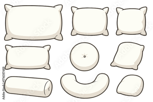 Pillow and cushion vector set. Collection of different shapes and sizes for comfort, sleep, and decor. Includes standard, square, round, bolster, and neck pillows. Cartoon illustration.