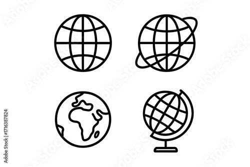 Globe line icon set. Earth planet and world map symbols. Global communication and travel concept. Minimal outline pictogram collection with editable stroke for web and app design.
