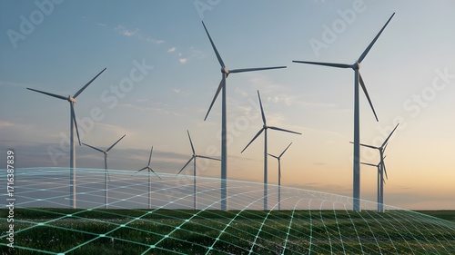 wind turbine farm with futuristic glowing digital grid, renewable clean energy innovation, modern eco power technology concept for sustainable environment and future energy