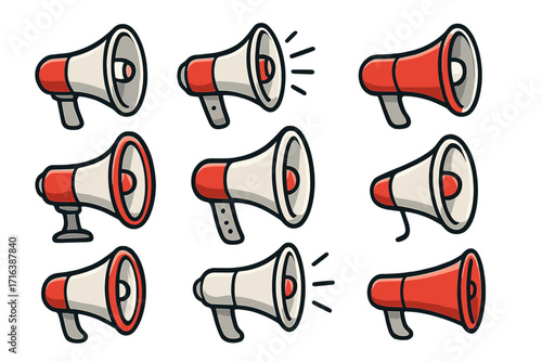 Megaphone icon set for announcements and marketing. Loudspeaker symbol collection for protest, alert, and communication. Vector cartoon illustration of bullhorns. Loud hailer.
