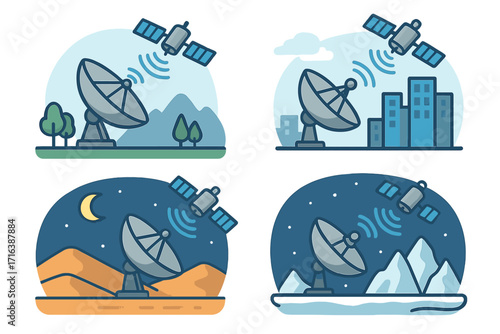 Satellite dish communication icon set. Global network technology concept. Antenna broadcasting signal in city, nature, desert, and arctic environments. Day night vector set.