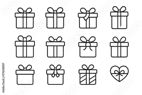 Set of gift box line icons. Present box with ribbon pictogram. Minimal linear design element for birthday, anniversary, christmas, valentine's day. Surprise celebration symbols.