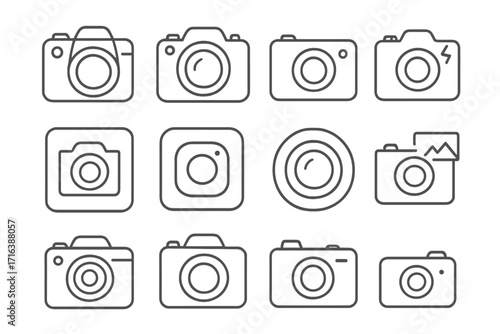 Camera line icon set. Photography and photo outline icons. Editable stroke. DSLR, digital camera, app logo pictograms. Minimal vector symbols for web and mobile design.